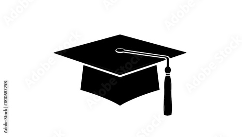 Vector illustration of black silhouette of a graduation cap or mortarboard with a tassel, symbolizing academic achievement isolated on transparent background 