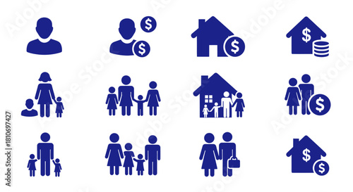 Collection of blue icons representing family, home, and money.