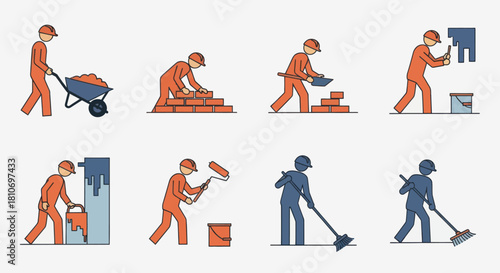 Construction worker doing various tasks, including painting and bricklaying.
