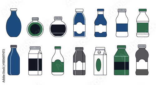 A collection of various illustrated beverage containers, including bottles and cartons, in a simple graphic style.