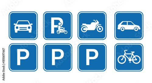 Collection of blue square parking signs with white icons for various vehicles and general parking.