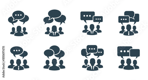 Icons representing groups of people engaged in communication and discussion, symbolizing meetings, teamwork, and social interaction.