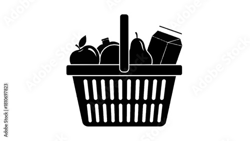 Vector illustration of black and white icon of a shopping basket filled with grocery item like fruit and milk isolated on transparent background 