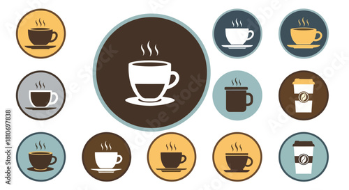 A collection of stylized coffee cup and mug icons in a flat design style on circular backgrounds.