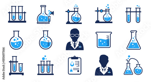 Collection of various laboratory equipment and scientist icons, perfect for scientific projects.