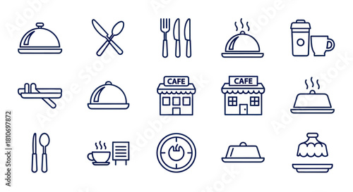 A collection of blue line icons representing various aspects of food, dining, and cafe culture.
