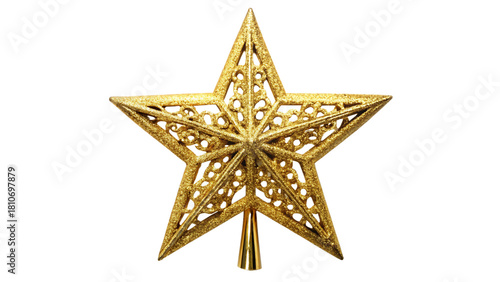 Fotografie Golden star christmas tree topper isolated on transparent background for decorat