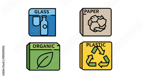 Recycling bins with labels for glass, paper, organic waste, and plastic materials.