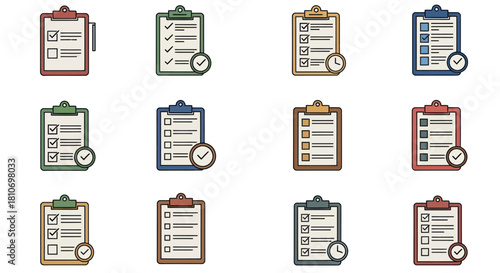 Collection of clipboard icons with checklists and checkmarks, representing tasks and organization.