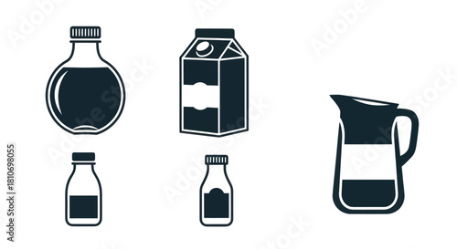 A collection of simple black and white icons depicting various beverage containers like bottles, a carton, and a pitcher.