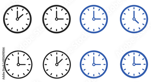 Set of eight clock faces showing different times.