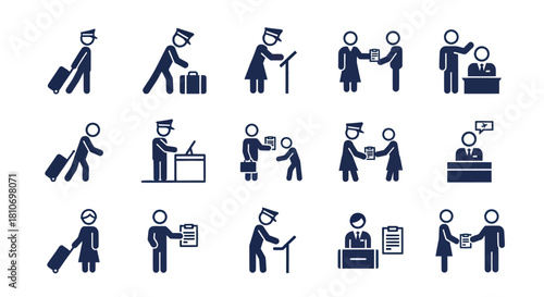 Collection of various illustrations depicting airport procedures and interactions between people.