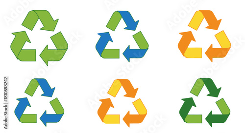 Six colorful recycling symbols with arrows forming triangles, representing environmental sustainability and reuse.