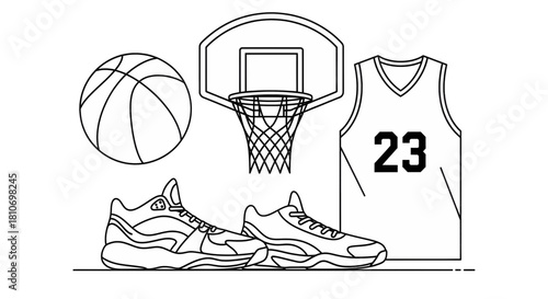 Line Art Basketball Set Ball, Hoop, Jersey, and Shoes Illustration for Sports and Team Enthusiasts