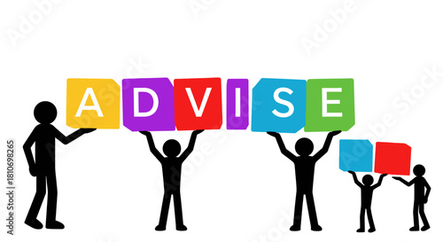 Illustration depicting stick figures holding colorful blocks that spell out the word ADVISE.