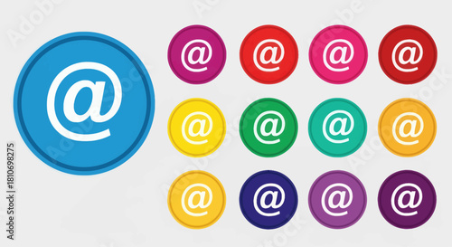 Collection of colorful email symbols in circular shapes, arranged in a group on a light background.