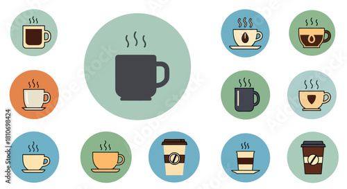 A collection of flat design coffee and tea cup icons with steam on colorful circular backgrounds.