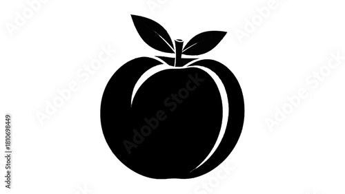 Vector illustration of black silhouette icon of a fresh peach fruit with stem and two leaves, isolated on transparent background 