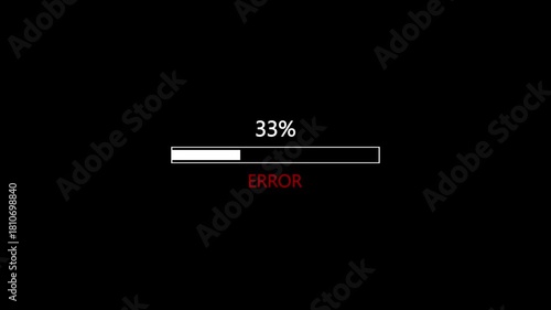 33% loading bar error icon animation on a black background.Alert Warning Error Notification On Black Screen.