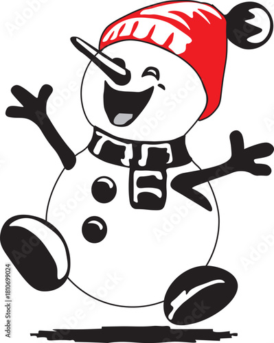 Happy cartoon snowman wearing a red hat
