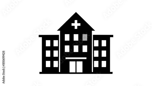 Vector illustration of simple black silhouette icon of a hospital building with a cross on top, isolated on transparent background 