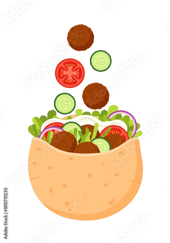 Crunchy falafel balls and fresh veggie slices cascade into a fluffy pita pocket topped with creamy tahini in this vibrant Middle Eastern food vector illustration