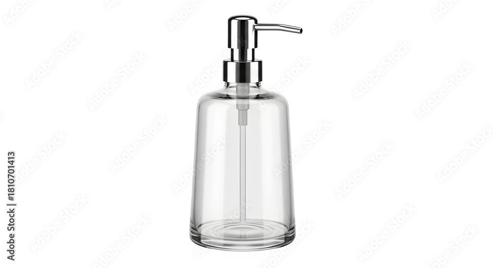 Obraz premium Elegant clear glass soap dispenser with silver pump isolated on transparent background