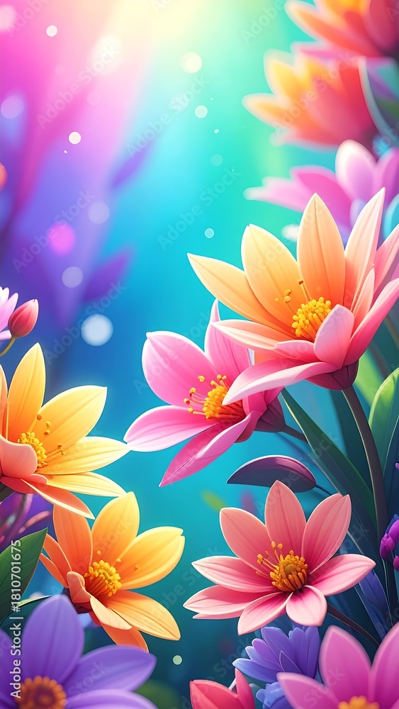 Naklejka premium Vibrant and colorful illustration of blooming flowers with soft, blurred background, highlighting their petals, and sunny effects