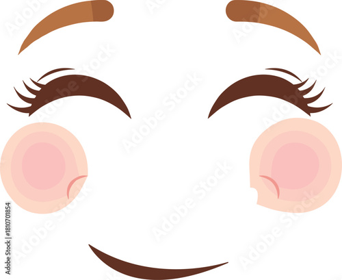 Cute cartoon face vector with closed smiling eyes and pink rosy cheeks, happy shy expression isolated on white background for character design.