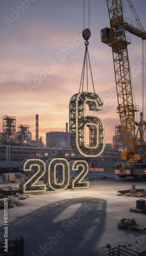 A crane lowers an illuminated number six to complete the year two thousand twenty-six on a construction site at sunset