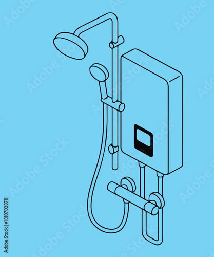 A simple vector illustration of a water heater device featuring clean black outlines against a blue background, emphasizing a modern and minimal household equipment design.