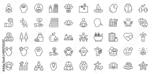 Wellness Icon Set. Containing Meditation, Mindfulness, Yoga, Spa, Relaxation, Sleep, Nature, Water, Brain, Fitness, Gym, Stretching, Therapy Icon. Outline Style