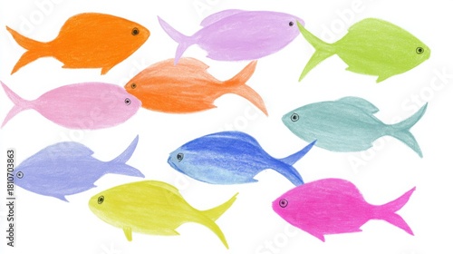 Preschool pastel neon fish, simple oval shape, tiny fins, white background