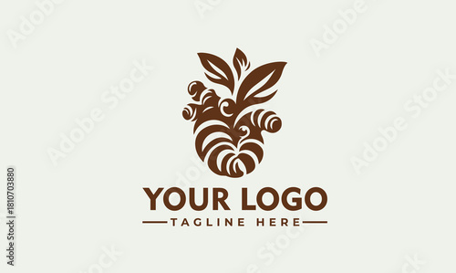 Stylized ginger root with leaves elegant herbal spice vector. logo. illustration