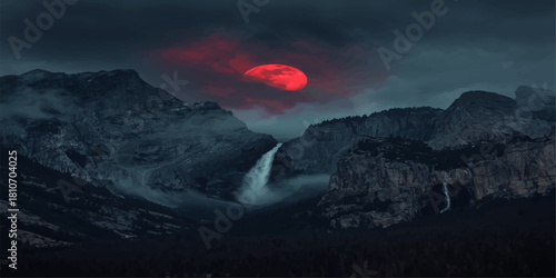 Waterfall-Crowned Mountain Beneath a Blood-Red Sky, Where Shadows and Light Collide in a Surreal Symphony of Nature’s Mystery and Cosmic Drama
