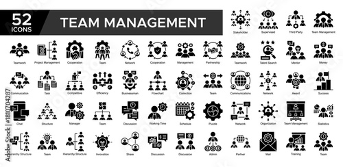 Team Management collection set. Stekeholder, Supervised ,Team Management, Project Management, Communication, Statistics , Schedul, Partnership, icon. Simple Glyph vector illustrati