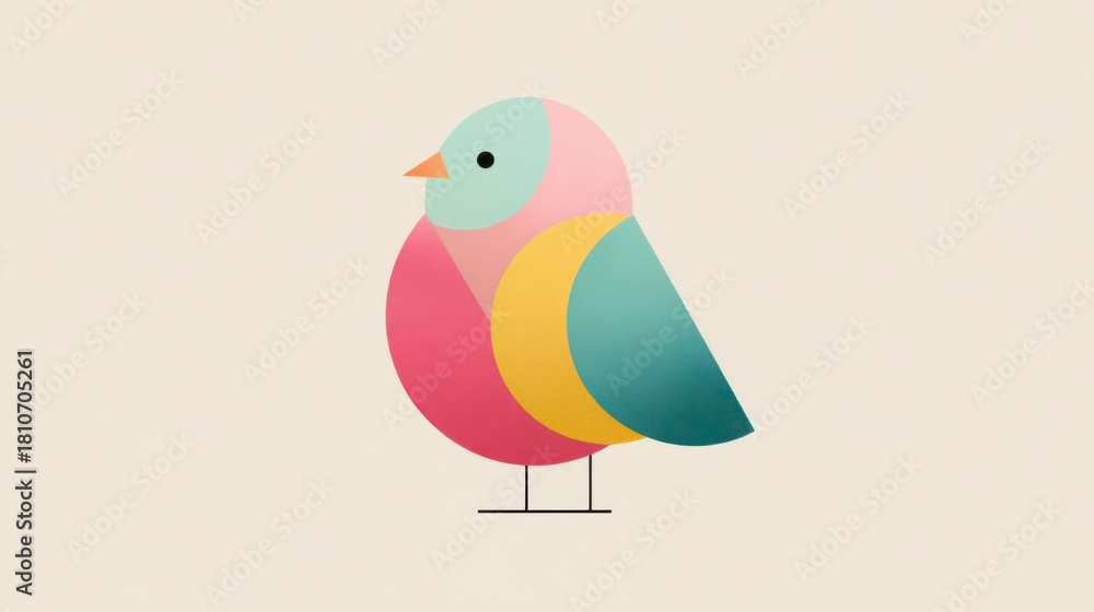 Naklejka premium Chubby minimal bird, oversized round head, pastel color blocks, white background