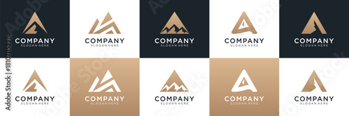 Set of mountain with letter A logo design. Universal icon for business and branding. minimalist elegant luxury design vector illustration.