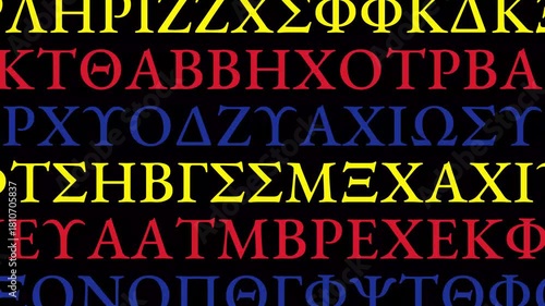 Randomly changing colourful Greek alphabets on black background. The display consists of random characters rather than full words. 4K motion graphics.