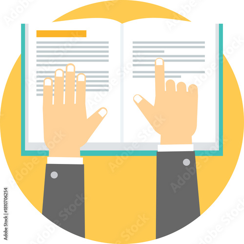 Hands Holding Open Book And Pointing At Text During Education Or Study Session In Flat Design Style With Yellow Circle Background And Transparent Elements