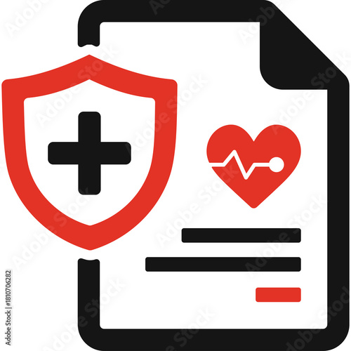 Health Insurance Document Icon With Shield and Heartbeat Medical Symbol and Red Cross on White Background With Black Outline