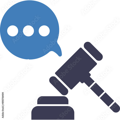 Illustration of a blue speech bubble with three white dots above a dark blue gavel and sounding block on a transparent background symbolizing legal discussion or communication in court