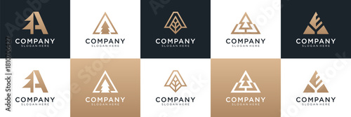 Set of abstract pine tree with letter A logo design. Universal icon for business and branding. minimalist elegant luxury design vector illustration.