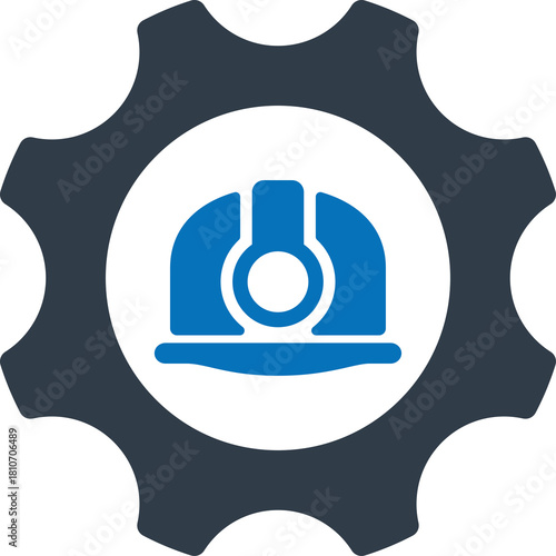 Industrial Gear with Blue Safety Helmet Icon Center in White Circle on Transparent Background Represents Engineering and Construction Concepts