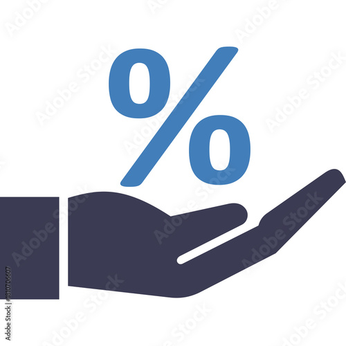 Hand holding percentage symbol with dark blue skin and blue percentage sign on transparent background representing financial offers or discounts