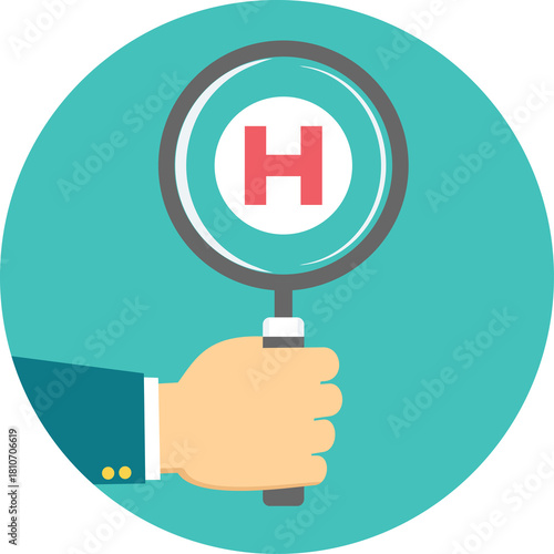 Hand Holding Magnifying Glass Over Red Letter H Inside Teal Circle On Transparent Background Detailed Illustration Of Search And Discovery Concept