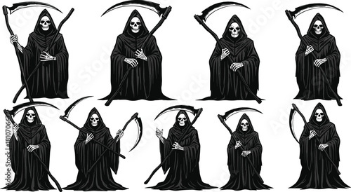Detailed collection of Grim Reaper illustrations featuring cloaked skeleton figures with scythes in various dark poses for horror artwork themes