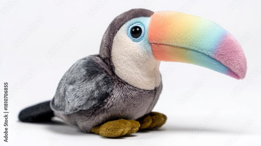 Naklejka premium Preschool cute toucan, pastel rainbow beak, round soft body, white background