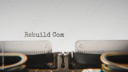Old mechanical typewriter typing Rebuild Communities in a close-up view, with metal letters striking the white paper.