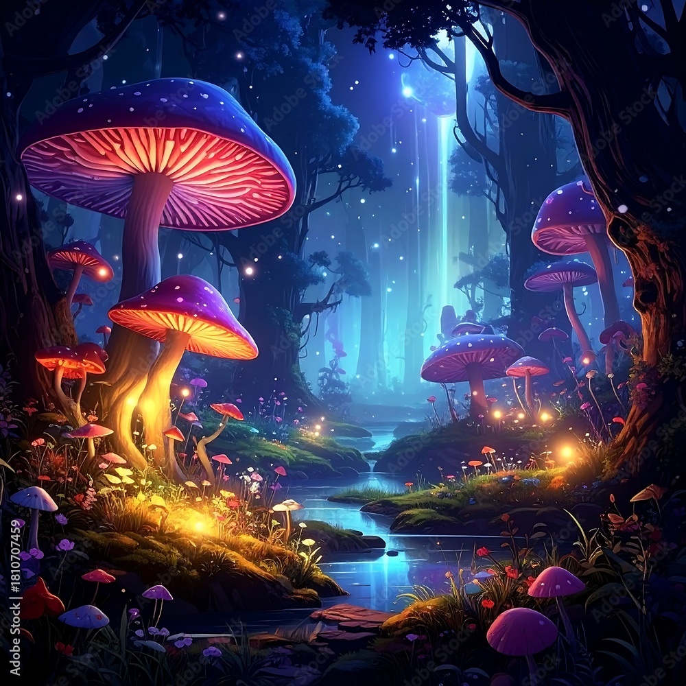 Obraz premium Enchanted Forest - Luminous Mushrooms and Magical Stream in Dreamy Landscape.